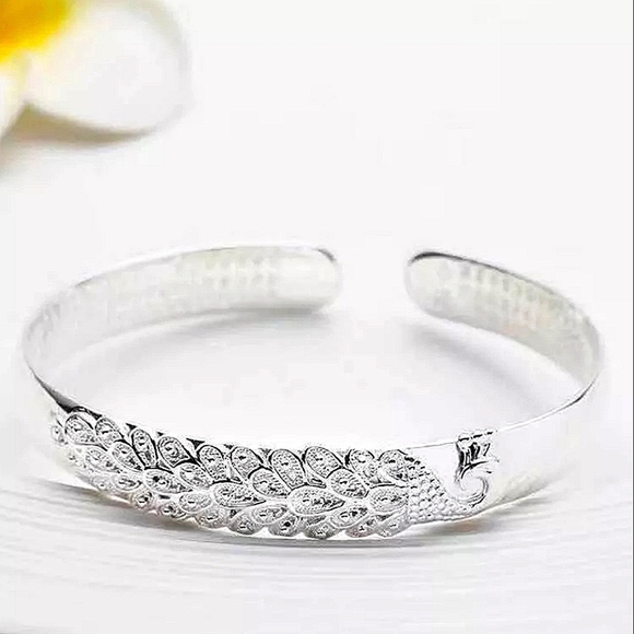 Peacock Animal Sterling Silver Adjustable Bangle Bracelet - Picture 5 of 9